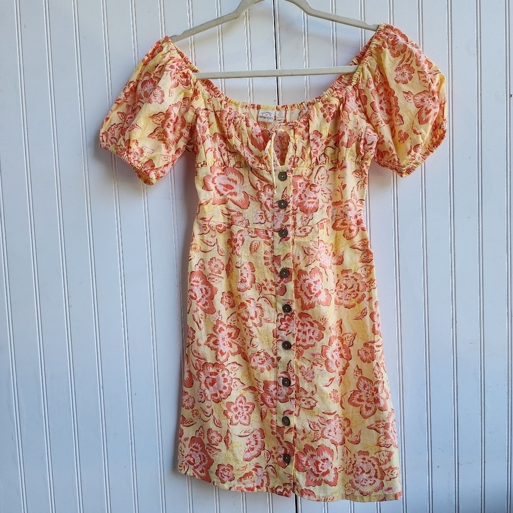 Billabong x Wrangler Dress Yellow Orange Linen Mini Floral Puff Sleeve Button XS - Picture 2 of 12